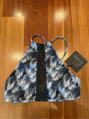acacia swimwear Navy and White Palm High-Neck Bikini Top